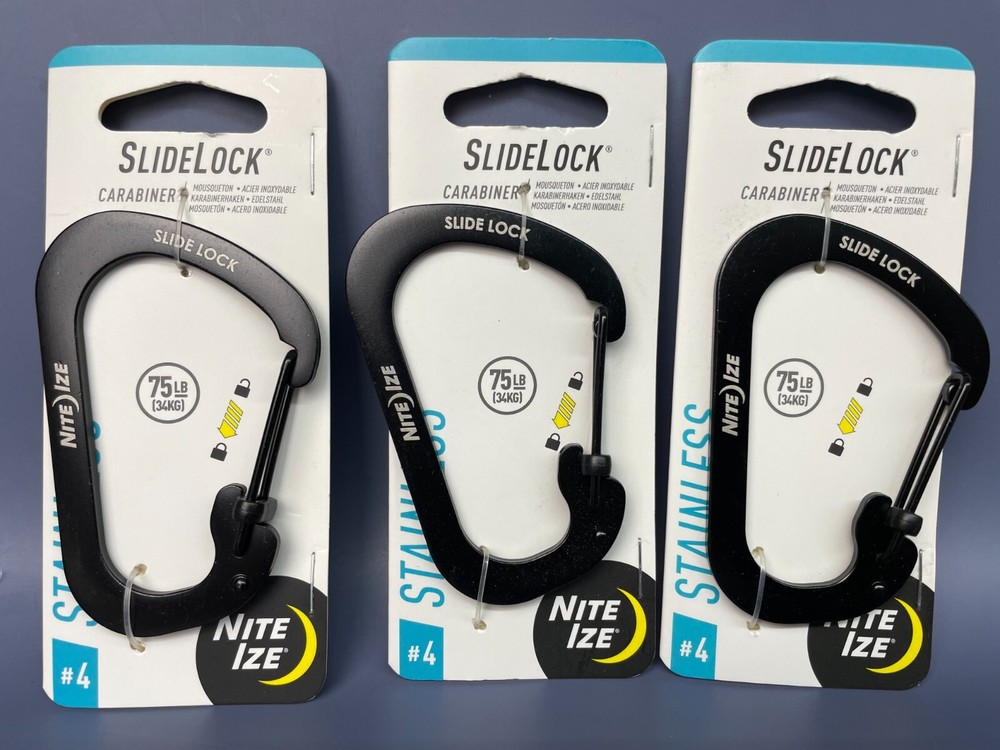 3 Pack NEW Nite Ize Slide Lock Carabiner Stainless Black #4 75lb 34kg CSL4-01-R6