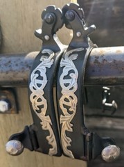 Western Spurs – Black Steel – Silver Floral Overlay – Short Shank – Blunt Rowel