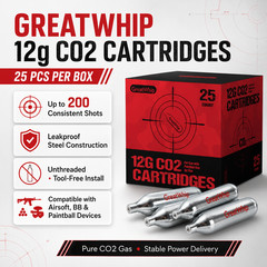 12G CO2 CARTRIDGE AIRSOFT BB GUN PAINTBALL NON-THREADED GreatWhip 25 PACK NEW