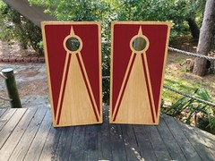 WATERPROOF Red Wood Grain Cornhole Board Wraps / Cornhole Decals