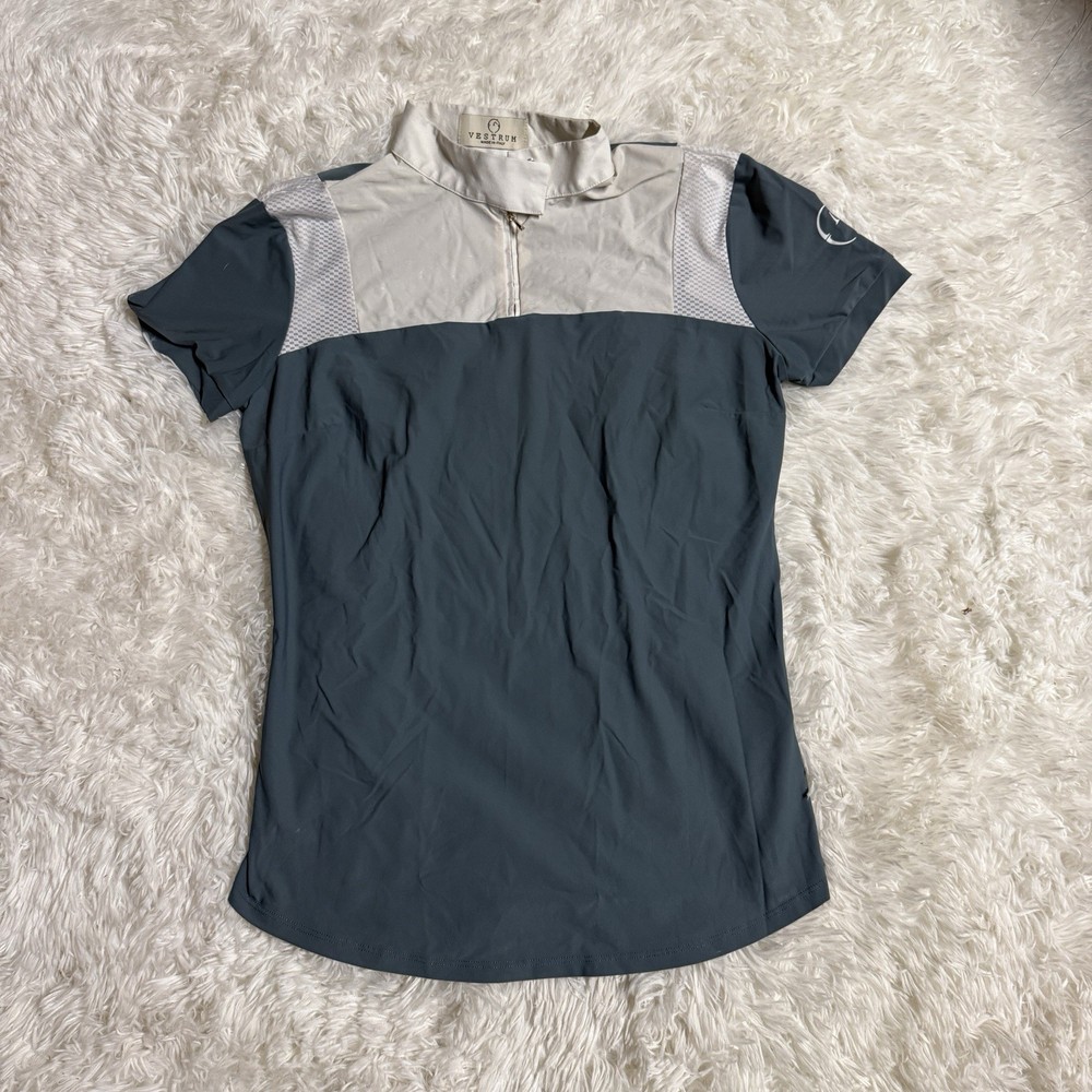 Women’s Large Blue/White Vestrum Short Sleeve Horseback Riding Show Shirt