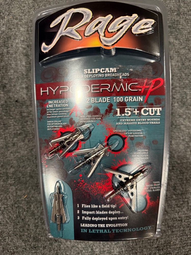 Rage HD Hypodermic Mechanical Broadhead – 100 Grain 2-Blade 2″+ Cut – Pack of 3