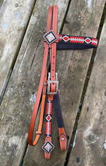 Western brow band headstall w/beaded overlay, copper conchos various colors