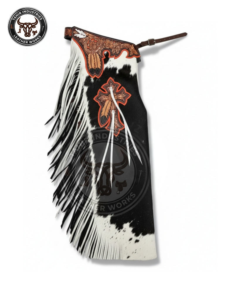 Professional Bull Riding Chaps – Custom Black and White Cowhide – Hand-Tooled Fl