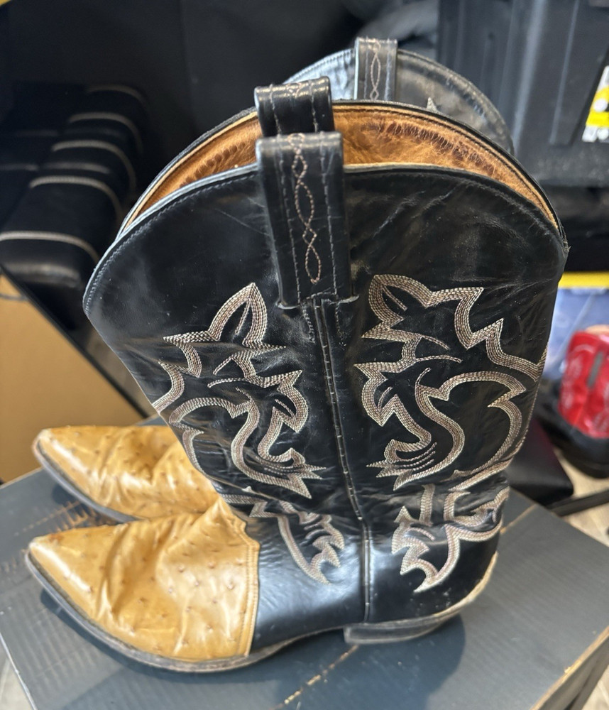 Dan Post Black & Tan Ostrich Leather Western Cowboy Boots Pointed Toe