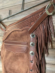Western Cowboy Chaps Handmade Suede Leather Riding Pant Fringed Braided Chinks