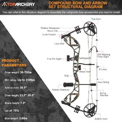 RH Compound Bow 30-70lbs 75% Let-off & Carbon Arrows Kit Adult Hunting Shooting