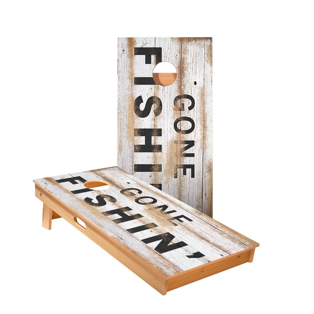 Gone Fishin Cornhole Boards Skips Garage Distressed Wood Portable Set