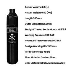TUXING 4500psi PCP Air Tank,0.5L Carbon Fiber HPA Tank with Dual Gauge Regulator