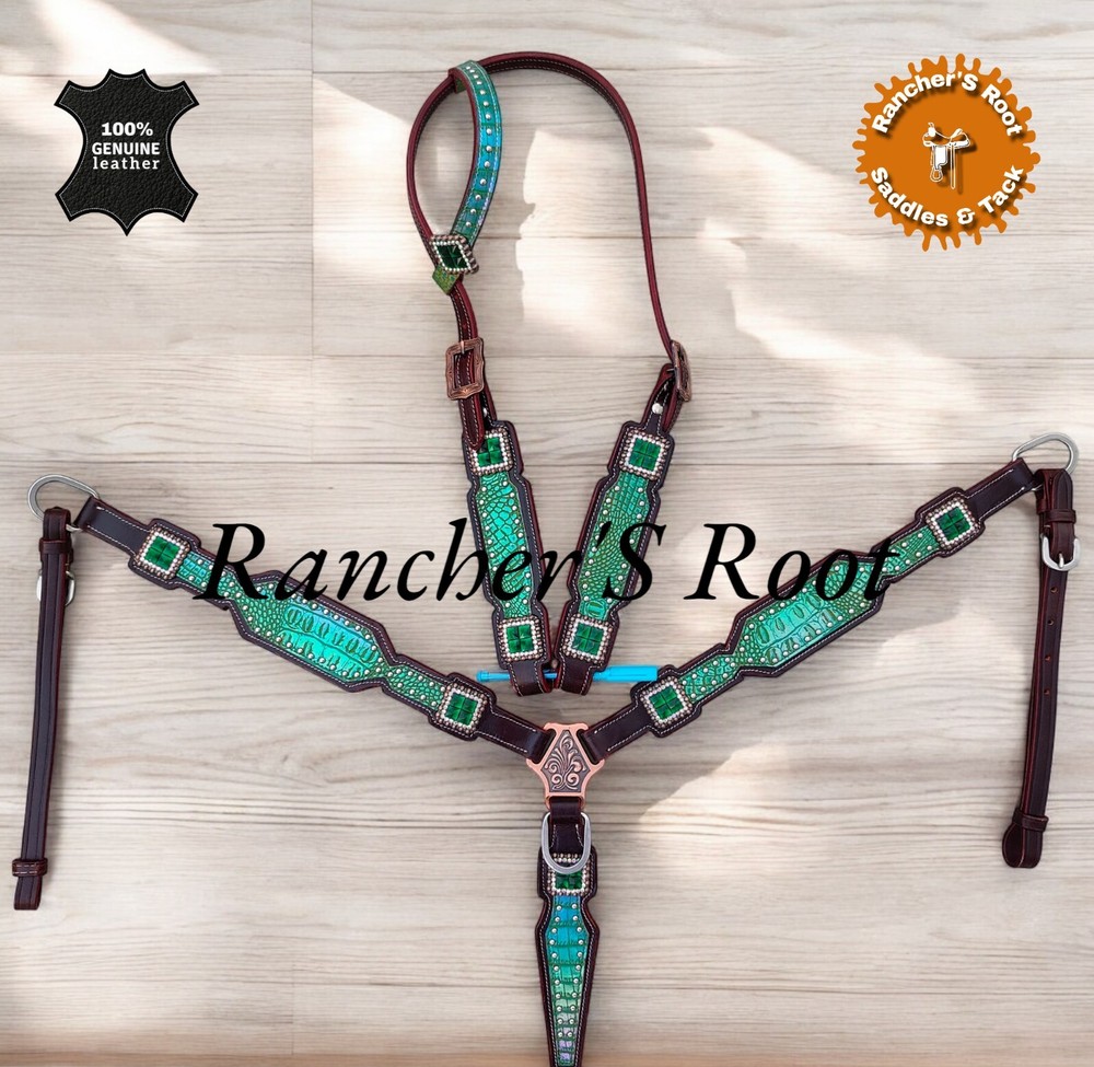 Western Leather Tack Set For Horse | Green Shiney Snake Tack Set