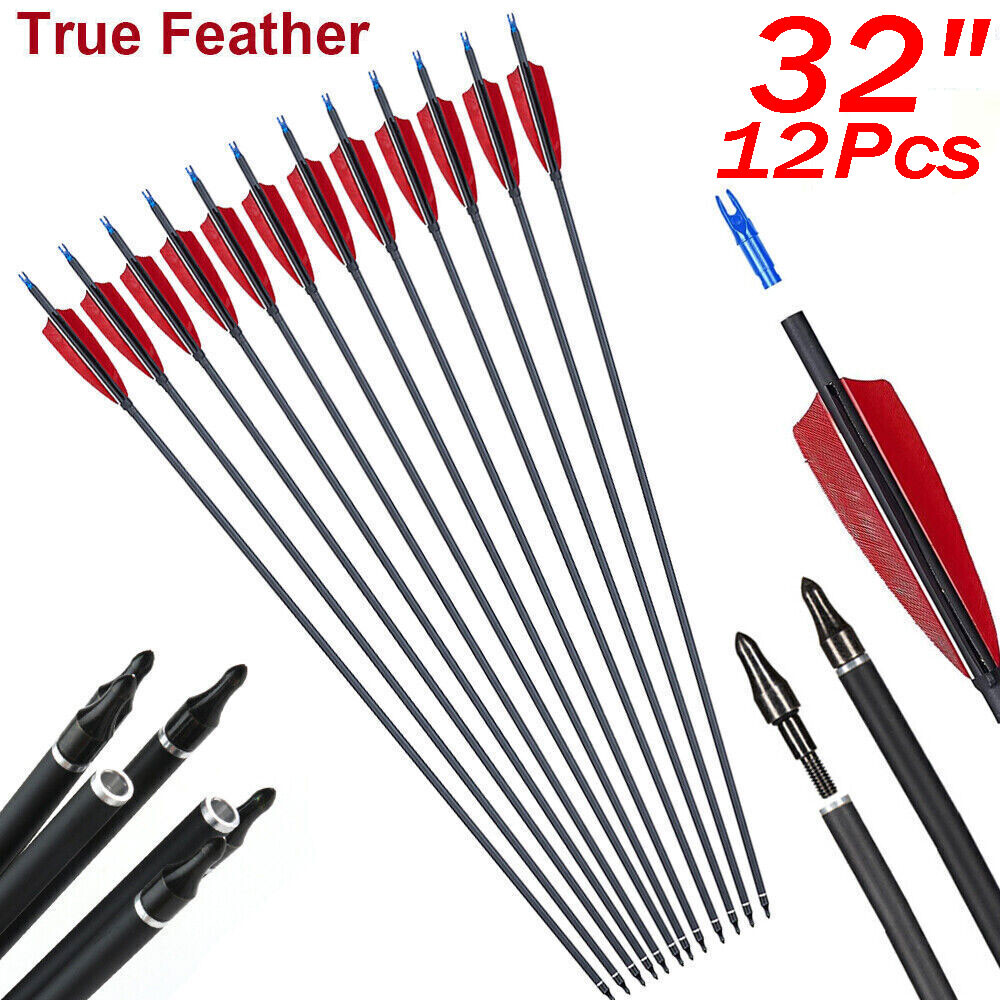 12Pcs 32″ Turkey Feather Carbon Arrows Spine 500 OD:7.8 for Compound&Recurve Bow