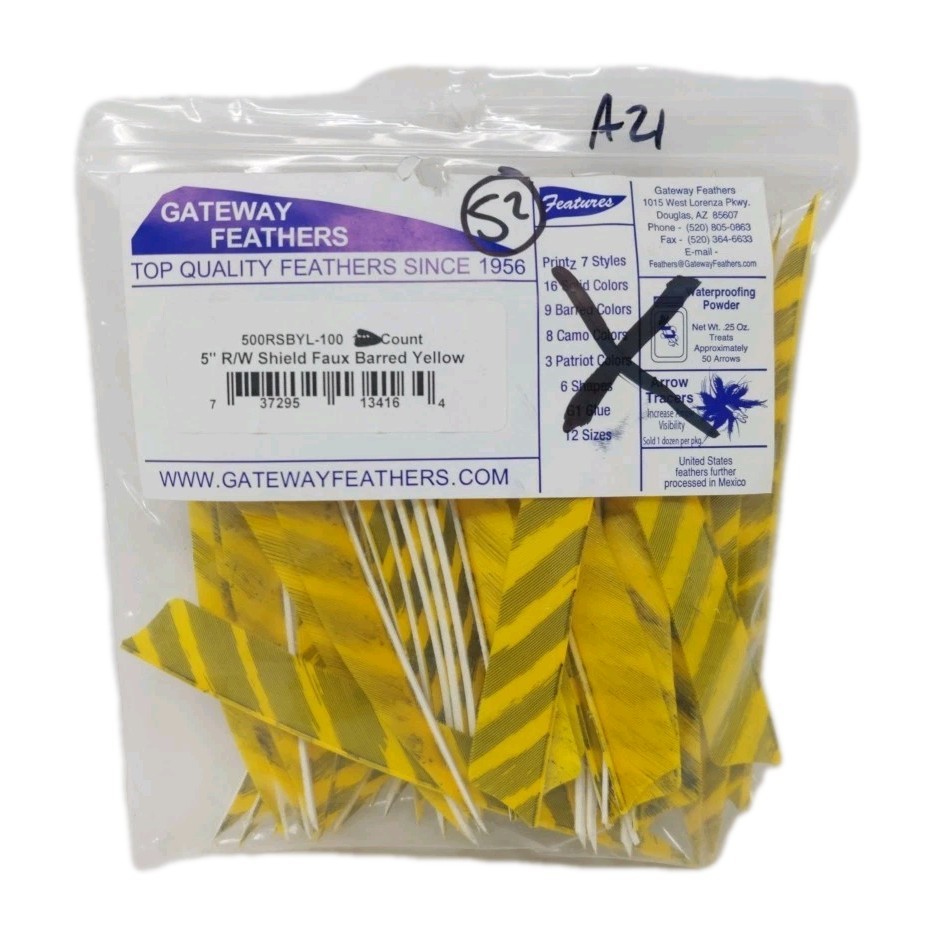 52 Count Gateway Arrow Feathers 5″ Right Wing: Shield Faux Barred Yellow