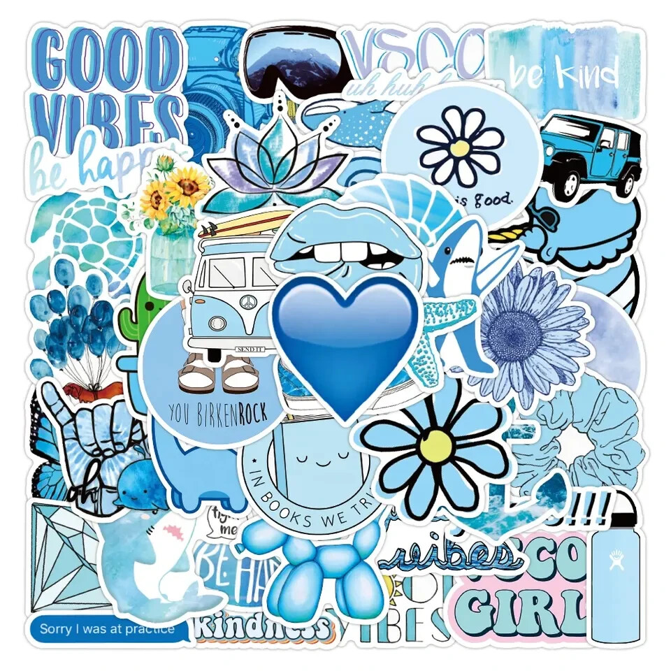 50 Pack of Blue VSCO Stickers for Laptop/Water Bottle/Phone Case