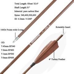 31″ Pure Carbon Arrows Feathers SP340 400 500 600 Compound Recurve Bow Hunting
