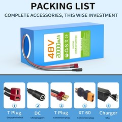 48V 20Ah Lithium-ion Battery Pack, Built-in 30A BMS, T-Plug Ready, XT60 Adapter