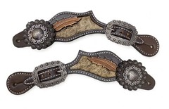 Western Women’s Spur Strap Set with Leather Leaves on Cowhide, Raw Metal Concho