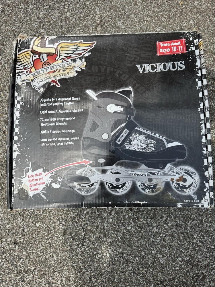 New Kryptonics Inline Skates VICIOUS Adult Size 10/11 Adjustable Unisex Teen Box