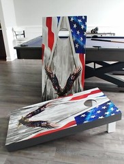 Bald Eagle American Flag Wings on Wood Grain Cornhole Decal Wraps