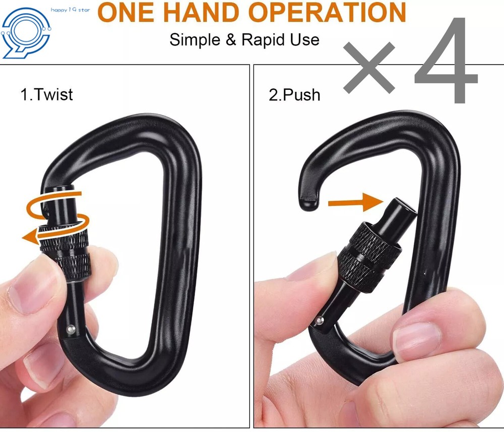4 Pack Heavy Duty Aviation Aluminum D-Shaped Locking Carabiners Clip 12 KN