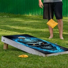 Blue Flaming Skull Gothic Art Cornhole Board Wraps and Decals Vinyl Sticker