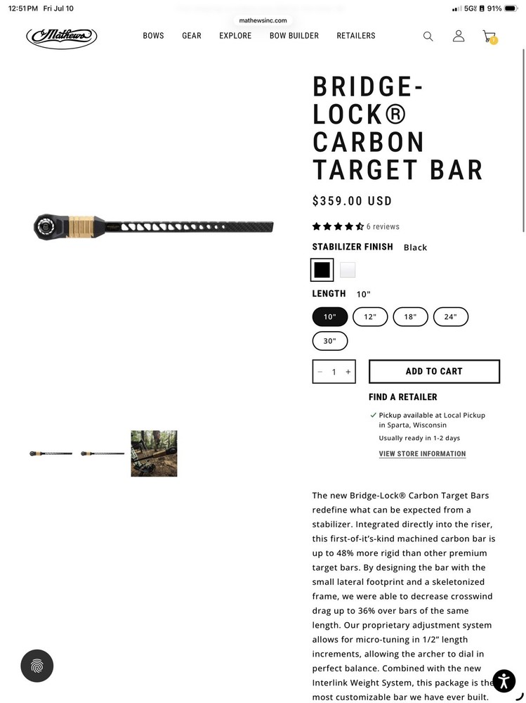 Mathews 10” Bridge Lock Carbon Target Bar