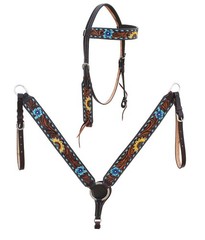 Horse Western Leather Tooled Headstall Bridle Breast Collar Tack Set