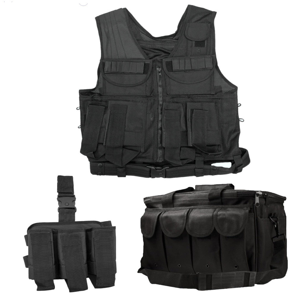 Shooters Gate Deluxe Paintball Vest, Drop Leg Carrier & Range Bag Set – Black