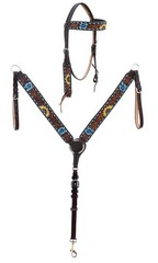 Horse Western Leather Tooled Headstall Bridle Breast Collar Tack Set