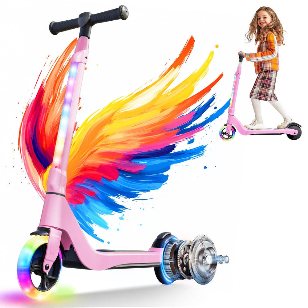 Kids Electric Scooter Pink 100W Adjustable Kick 8MPH 8 Mile Range Rainbow LED
