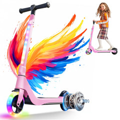 Kids Electric Scooter Pink 100W Adjustable Kick 8MPH 8 Mile Range Rainbow LED