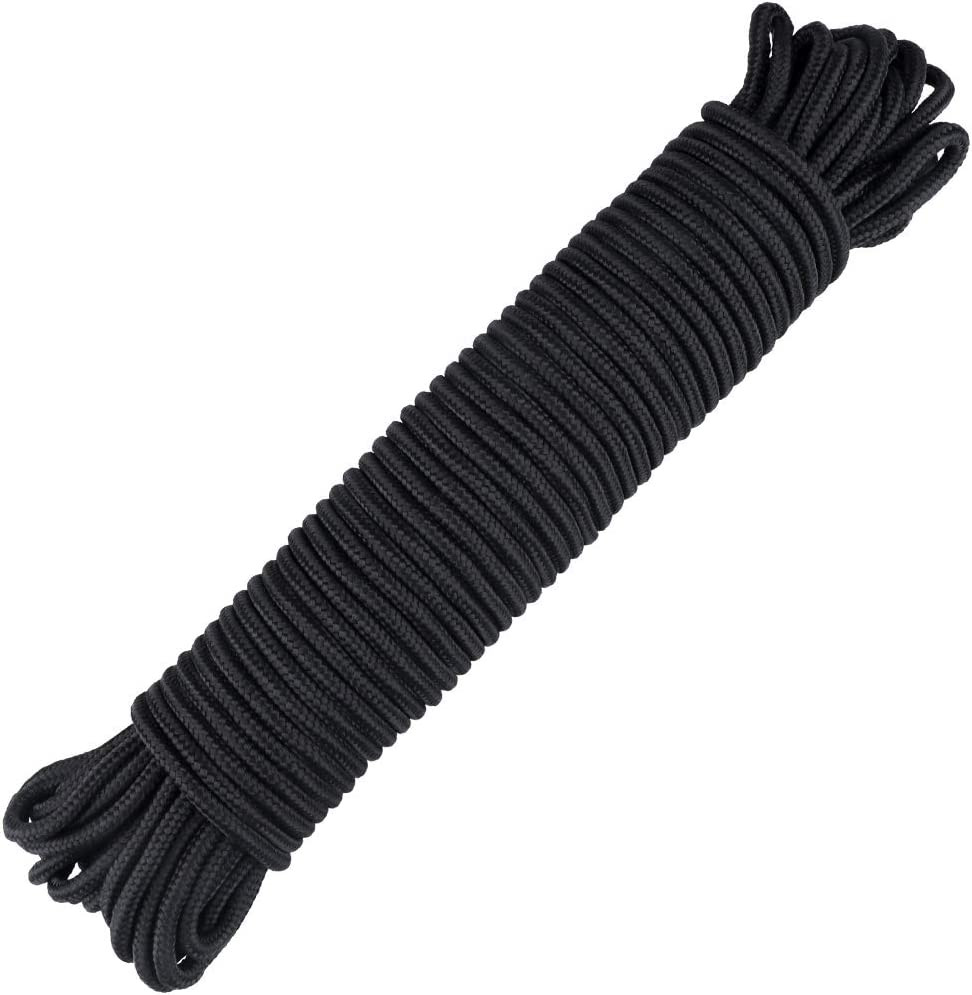 Nylon Rope, 100 Feet Black Nylon Rope, 1/4 Inch Solid Braided Rope Thick Strong