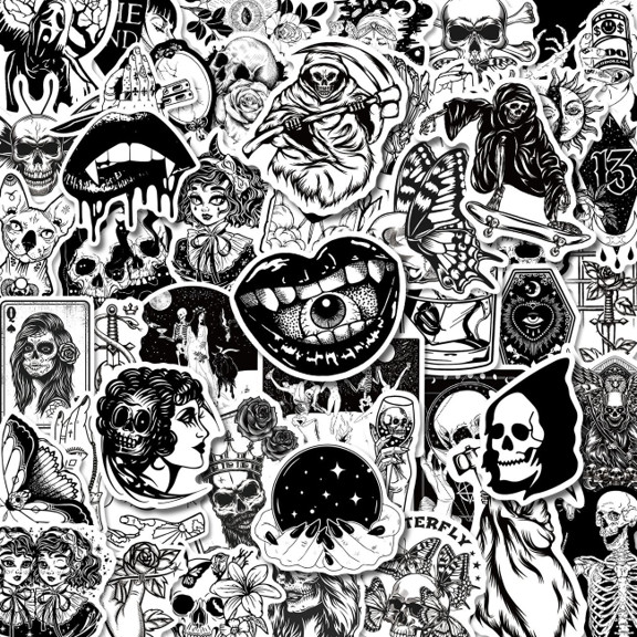 10pcs Gothic Black and White Stickers Death Skulls Dark Magic Scary Vinyl Decals
