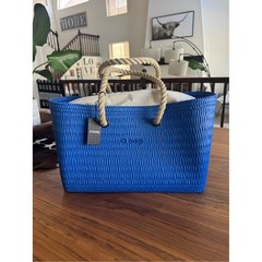 O bag Blue Textured Beach Tote BagRoyal Blue with Taupe linerRope Handle NWT