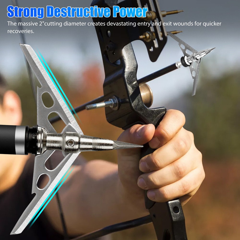 12PCS silver Rear Deploying Broadhead Expandable 2 Blade 2″ Cut 100gr Arrow Tips