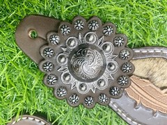 Western Women’s Spur Strap Set with Leather Leaves on Cowhide, Raw Metal Concho