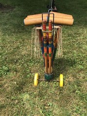 Vintage WOOD CROQUET SET w CADDY metal carrier stand rack rolling lawn game 60s