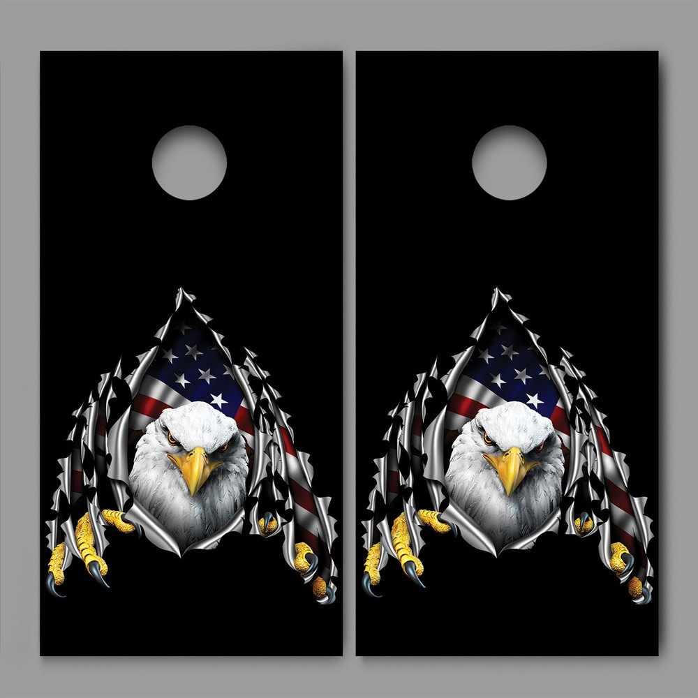 Bald Eagle Tear Rip Black American Flag Cornhole Decal Wraps
