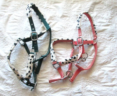 SET OF 2 FLEECE COW PRINT HALTERS, GREEN AVERAGE SIZE, PINK COB SIZE