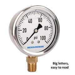 2-1/2″ Dial Size, Glycerin Filled Plumbing Pressure 0-100 psi Lower Mount
