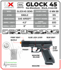 Umarex Glock 45 Blowback Green Gas Airsoft Pistol with Pack of 1000x BBs Bundle