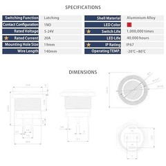 LED Latching Push Button Switch, Aluminum Alloy, IP67 Waterproof 5 19mm 1 Red