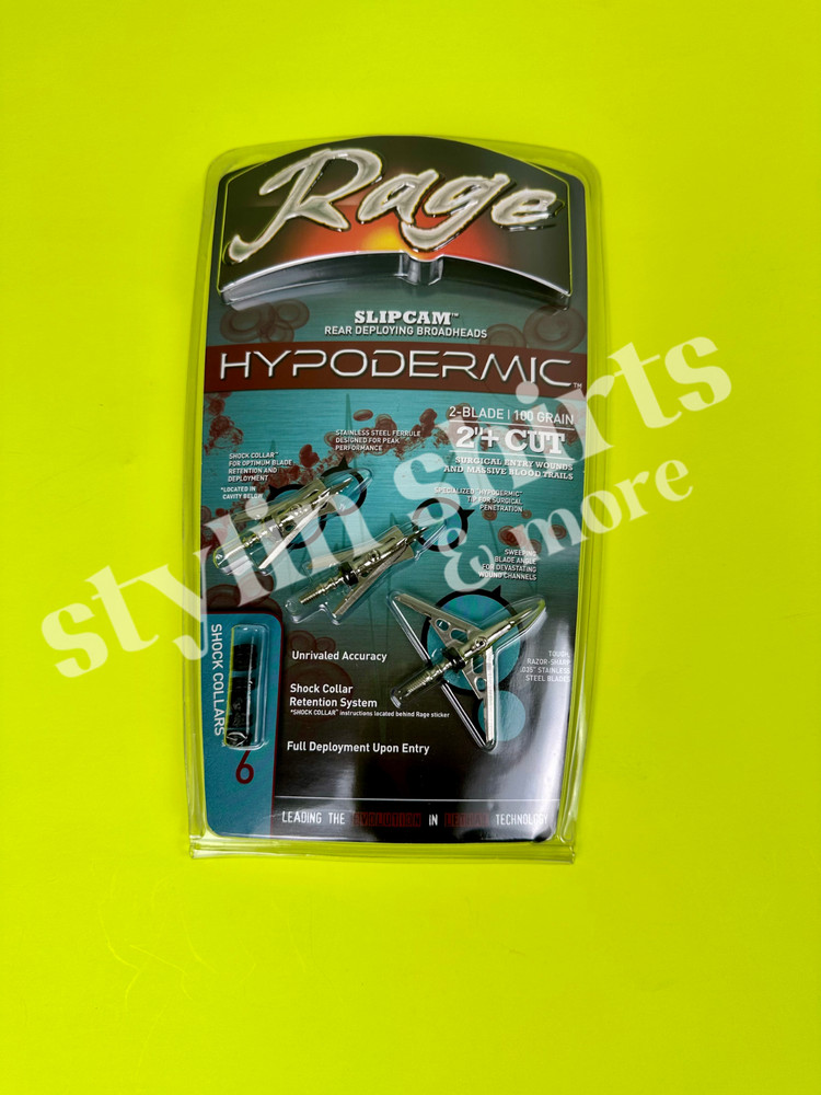 1 pack RAGE Slipcam HYPODERMIC 2″ cut mechanical 2 blade broadheads 100 grain