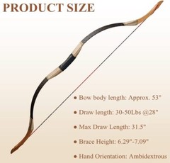 53″ Archery Recurve Bow Mongolian Traditional Longbow 30-50lbs Hunt Carbon Arrow
