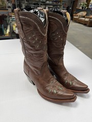 Tony Lama Brown Leather Western Cowboy Boots Embroidery Pointed Toe US 8.5