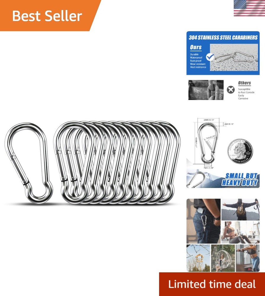 1.57-Inch Multi-Purpose Stainless Steel Carabiners – 10 Pack for Outdoor Gear