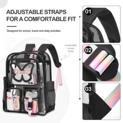 Clear Backpack for Girls Women Heavy Duty Transparent Bookbag Black