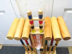 Orvis Croquet Set Rolling Caddy 6-Player Wood Croquet Set w/ 6 Mallets NO BALLS