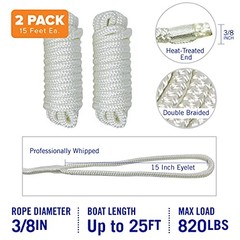 Dock Lines for Boats 3/8″ x 15ft, 2 Pack Double Braided 3/8″ x 15 Ft White 2 Pk
