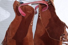 Riding Chaps Red Leather w/Fringe Size Med Thigh 23” (More Size in descrp)