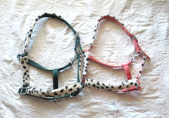 SET OF 2 FLEECE COW PRINT HALTERS, GREEN AVERAGE SIZE, PINK COB SIZE